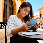 **

A student (possibly Latina) looking relaxed and confident, sitting at a sun-drenched cafe table in Seville, Spain. She has a digital tablet in front of her displaying an "accordion" style study guide for "Marketing Digital." Coffee is steaming nearby. The background shows classic Spanish architecture. The overall tone is bright, positive, and suggests easy learning.

**