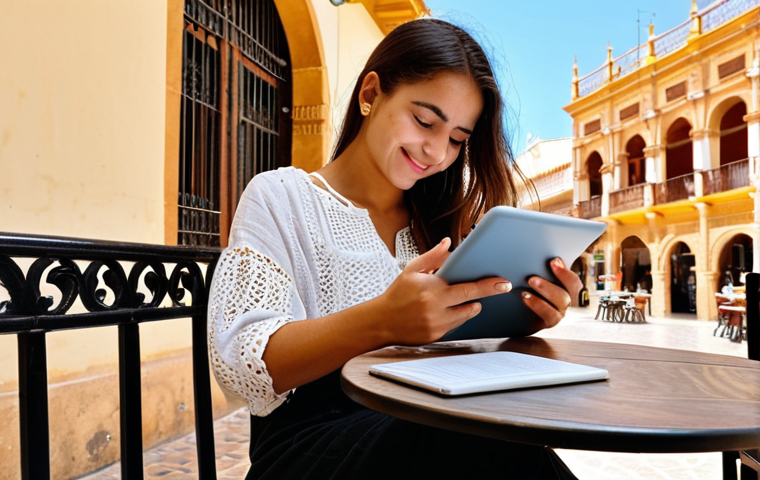 **
A student (possibly Latina) looking relaxed and confident, sitting at a sun-drenched cafe table in Seville, Spain. She has a digital tablet in front of her displaying an "accordion" style study guide for "Marketing Digital." Coffee is steaming nearby. The background shows classic Spanish architecture. The overall tone is bright, positive, and suggests easy learning.
**