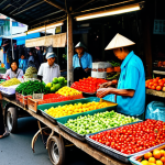 **

"A vibrant street market in Vietnam, filled with colorful produce and street food vendors, appropriate content, fully clothed people browsing, safe for work, delicious-looking food, perfect anatomy, correct proportions, professional photography, high quality, family-friendly"

**