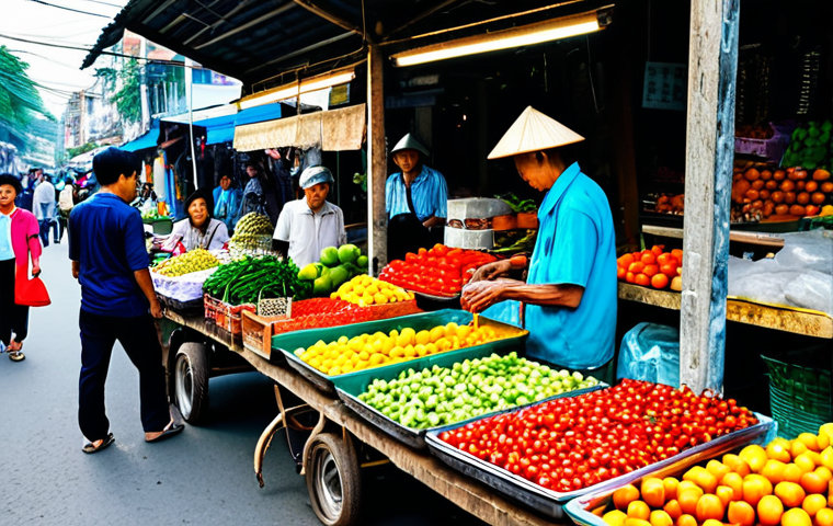 **

"A vibrant street market in Vietnam, filled with colorful produce and street food vendors, appropriate content, fully clothed people browsing, safe for work, delicious-looking food, perfect anatomy, correct proportions, professional photography, high quality, family-friendly"

**