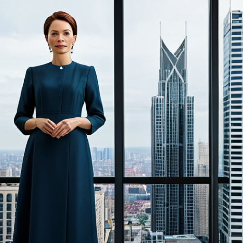 Home 12 **
"A professional architect, fully clothed in a stylish yet modest dress, stands confidently in front of a modern skyscraper she designed. The city skyline is visible in the background. Safe for work, appropriate content, perfect anatomy, natural proportions, high quality."
**