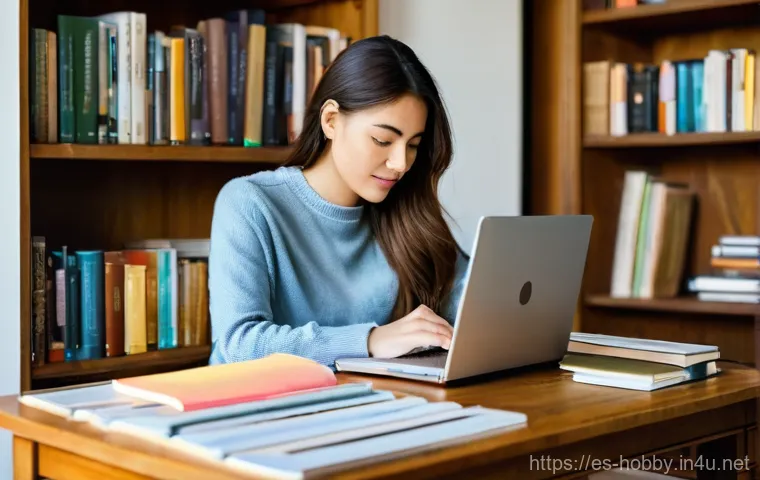 북 페스티벌 - **Prompt:** A focused and organized woman in her late twenties is seated at a wooden desk in a cozy,...