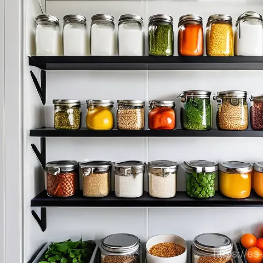 건강식 레시피 - **A Smart and Organized Spanish Kitchen Pantry:** A brightly lit, modern kitchen pantry with sleek, ...