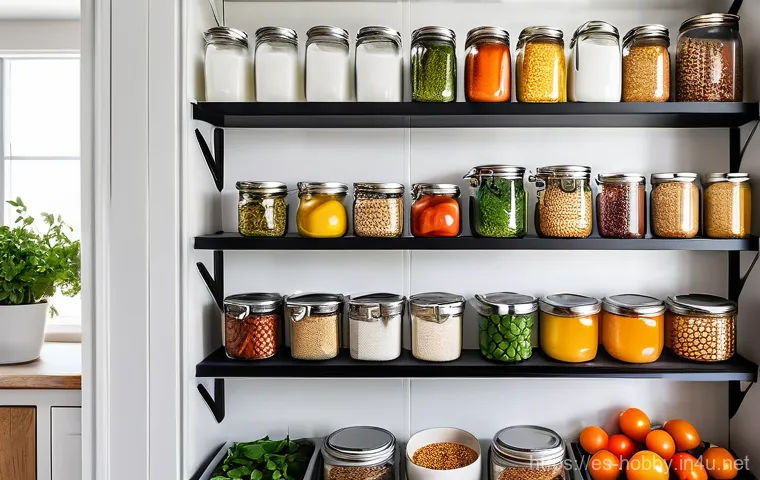 건강식 레시피 - **A Smart and Organized Spanish Kitchen Pantry:** A brightly lit, modern kitchen pantry with sleek, ...