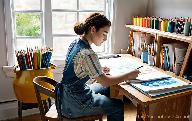 스케치북 추천 - **Prompt for "Choosing the Ideal Sketchbook":**
    A young female artist, mid-20s, with a thoughtfu...