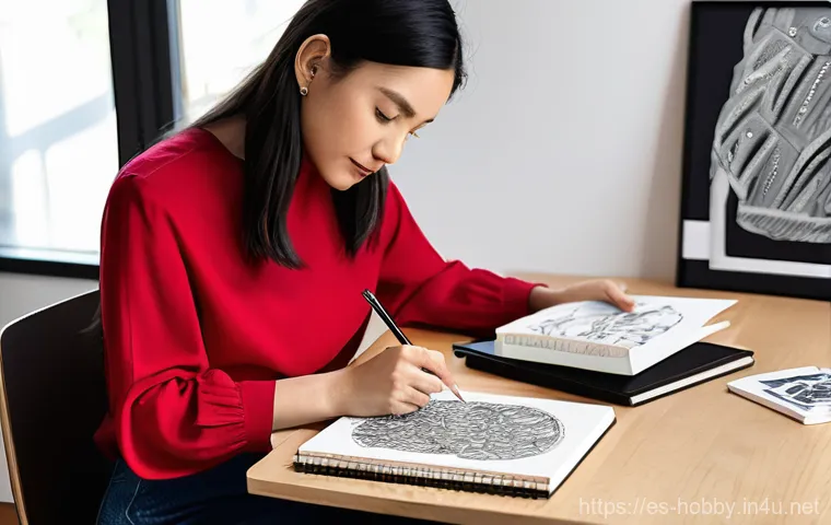 스케치북 추천 - **Prompt for "The Artist's Studio: Exploring Mediums and Paper":**
    A female artist, with her hai...