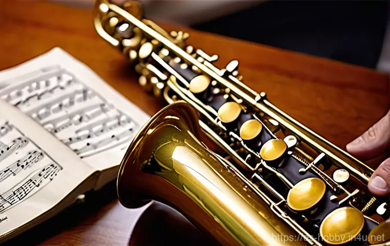 악기 수리법 - A close-up, high-angle shot of a person's hands carefully cleaning the intricate keys and pads of a ...