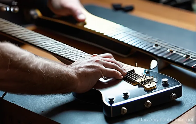 악기 수리법 - A detailed, medium shot focusing on a musician's hands as they meticulously replace guitar strings. ... 악기 수리법 - A detailed, medium shot focusing on a musician's hands as they meticulously replace guitar strings. ...
