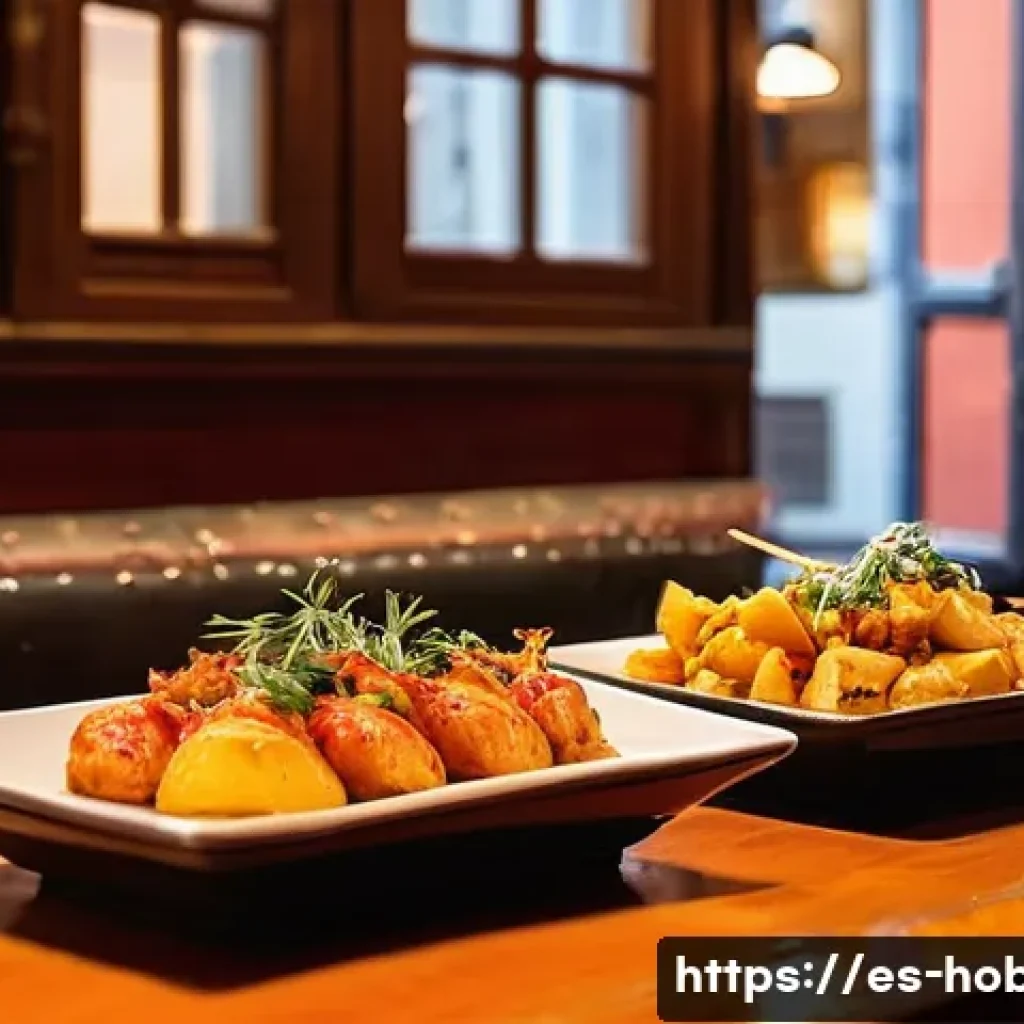 맛집 여행 - **Vibrant Tapas Bar in Seville:** A lively, bustling Spanish tapas bar in Seville, filled with a div...