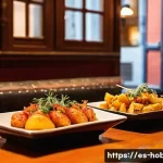 맛집 여행 - **Vibrant Tapas Bar in Seville:** A lively, bustling Spanish tapas bar in Seville, filled with a div...