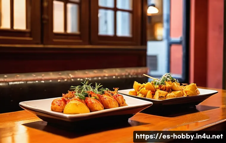 맛집 여행 - **Vibrant Tapas Bar in Seville:** A lively, bustling Spanish tapas bar in Seville, filled with a div...