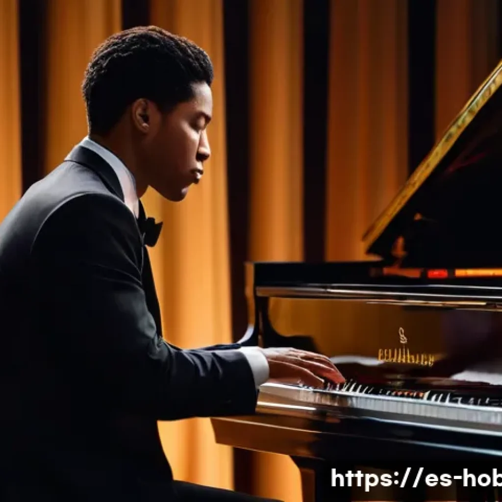 재즈 피아노 - A sophisticated jazz pianist performing on a grand piano in a dimly lit New Orleans jazz club, weari...