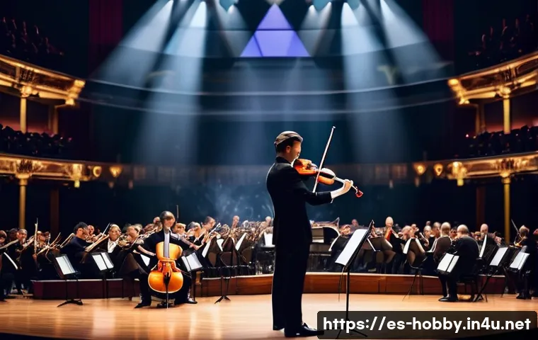 튜닝 악기 - A professional musician tuning a classical violin on a concert stage, dressed elegantly in formal co...