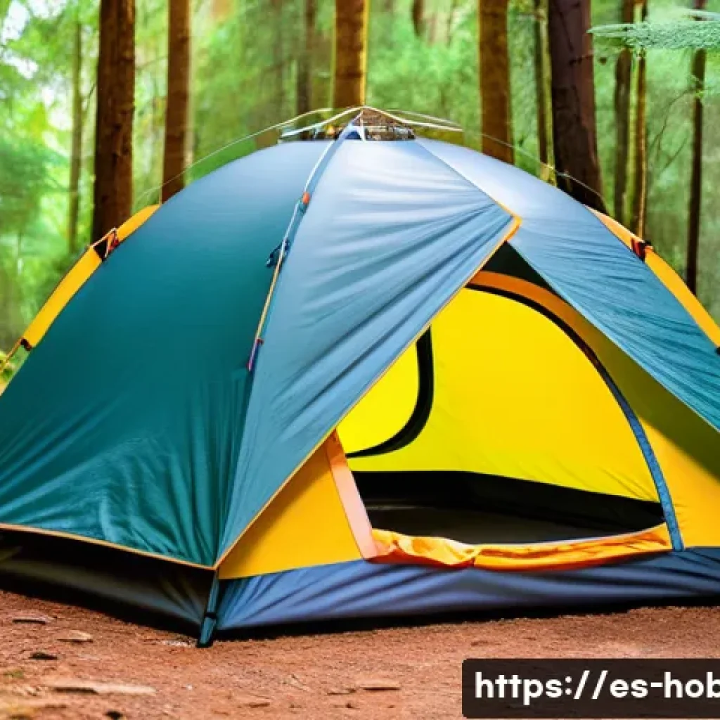 캠핑 용품 쇼핑 리스트 - A spacious, high-quality camping tent pitched in a lush, humid forest environment typical of souther...