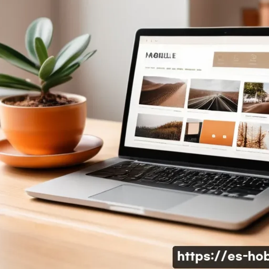 사진 블로그 운영법 - A stylish modern blog workspace featuring a sleek laptop displaying a photography blog homepage with...