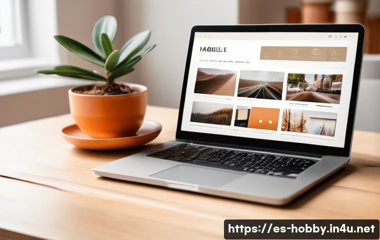 사진 블로그 운영법 - A stylish modern blog workspace featuring a sleek laptop displaying a photography blog homepage with...