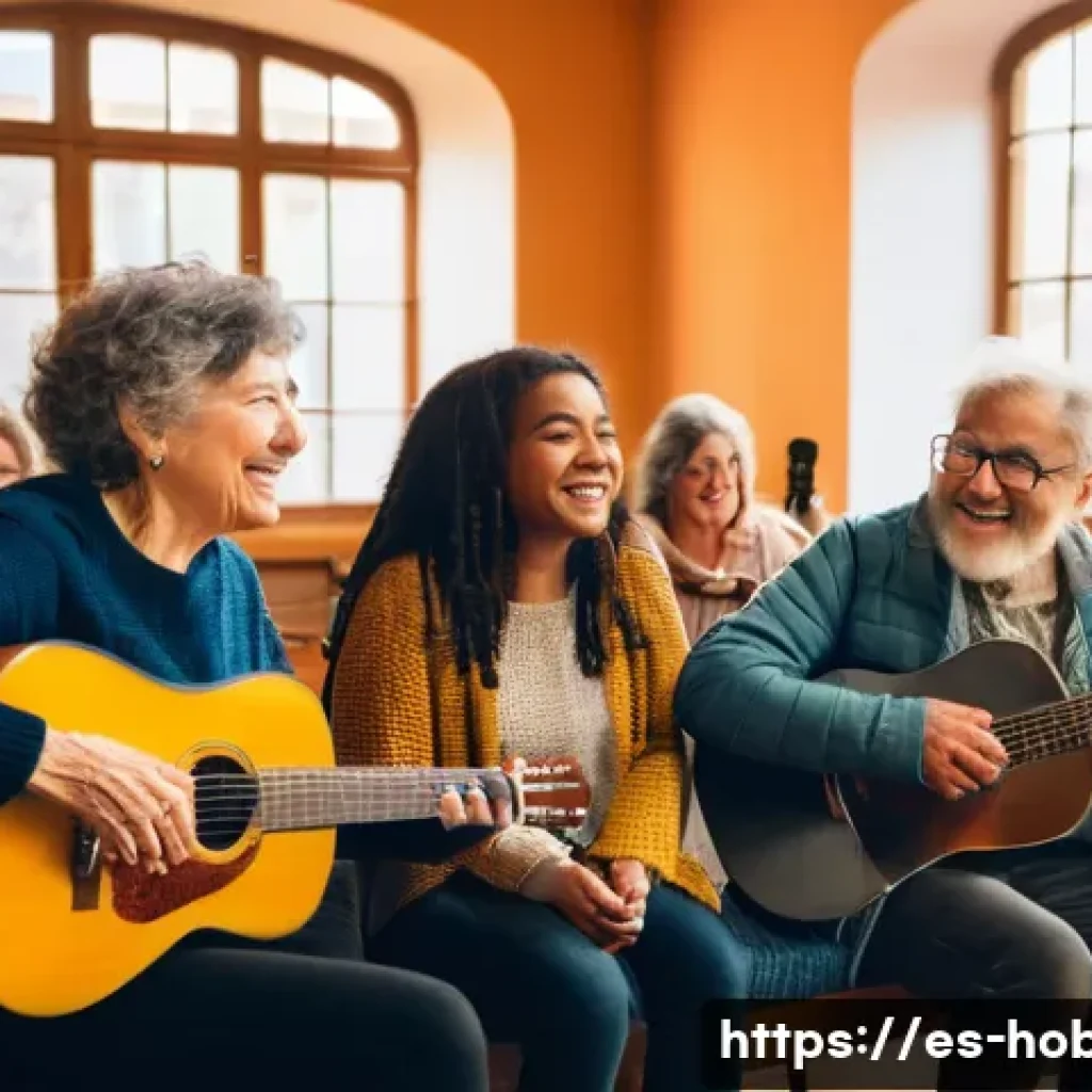 취미 음악 동호회 - A warm and inviting community music group rehearsal in a cozy local cultural center in Spain, divers...