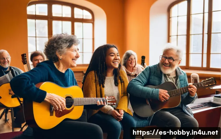 취미 음악 동호회 - A warm and inviting community music group rehearsal in a cozy local cultural center in Spain, divers...