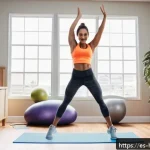 Home 22 유산소 운동 루틴 - A dynamic and energetic young Hispanic woman performing jumping jacks in a bright, modern living roo...