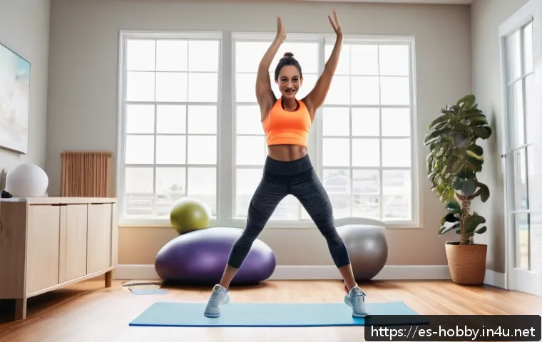 유산소 운동 루틴 - A dynamic and energetic young Hispanic woman performing jumping jacks in a bright, modern living roo...