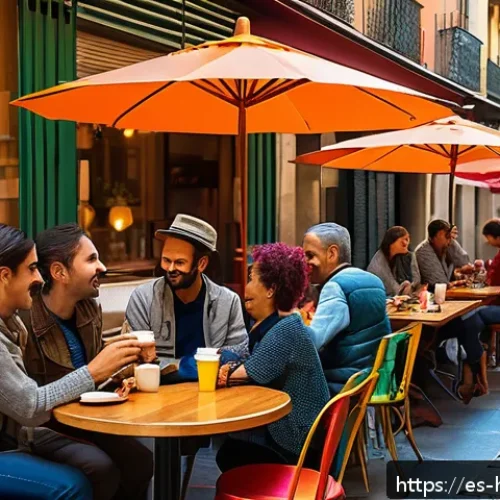 Home 33 여행 일정 관리 - A cozy urban café scene in Barcelona with diverse travelers relaxing and chatting, outdoor tables sh...