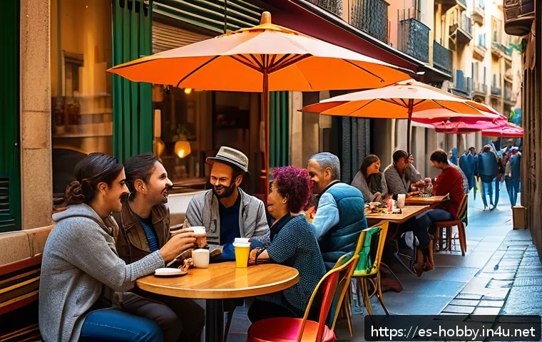여행 일정 관리 - A cozy urban café scene in Barcelona with diverse travelers relaxing and chatting, outdoor tables sh...