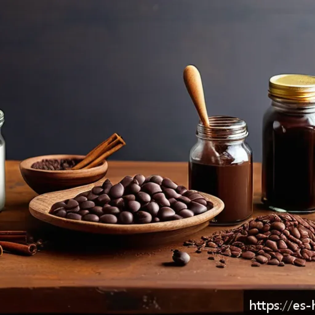 수제 초콜릿 만들기 - A rustic artisan chocolate workshop scene featuring a wooden table with various high-quality cacao b...