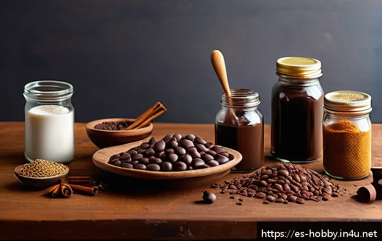 수제 초콜릿 만들기 - A rustic artisan chocolate workshop scene featuring a wooden table with various high-quality cacao b...