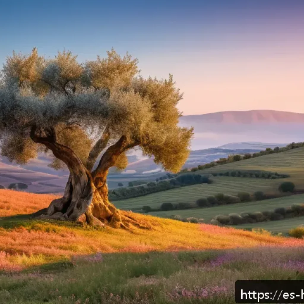 일출 일몰 촬영 - A serene landscape at golden hour featuring a solitary ancient olive tree on a gently rolling hill, ...