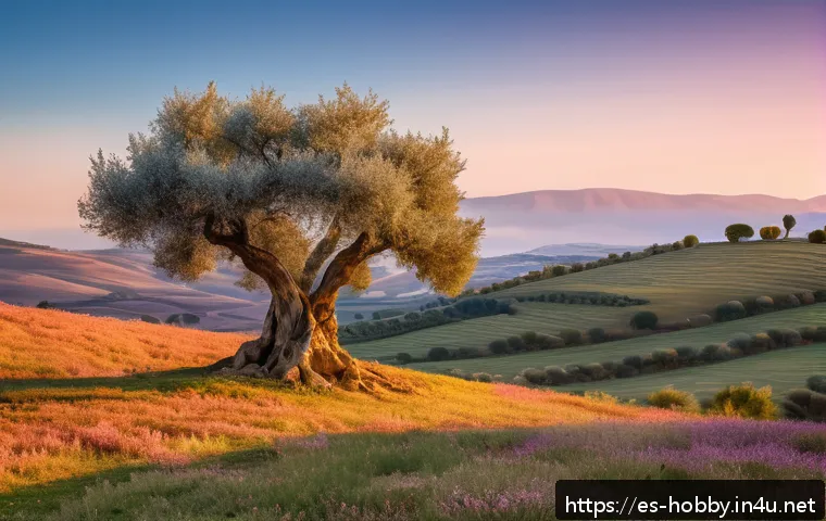 일출 일몰 촬영 - A serene landscape at golden hour featuring a solitary ancient olive tree on a gently rolling hill, ...
