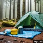 Home 18 캠핑 안전 수칙 - A detailed outdoor camping scene in a temperate forest during autumn, featuring a durable, weather-r...