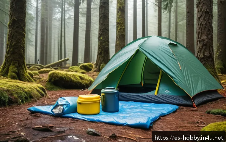 캠핑 안전 수칙 - A detailed outdoor camping scene in a temperate forest during autumn, featuring a durable, weather-r...