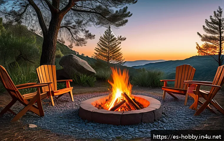 캠프파이어 준비 - A serene camping scene in a designated fire pit area within a Spanish natural park, featuring a neat...