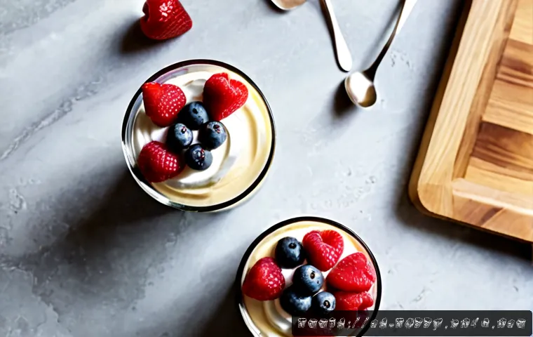저칼로리 디저트 레시피 - Photorealistic overhead food photography of a low-calorie Spanish-style dessert: small glass cups of...