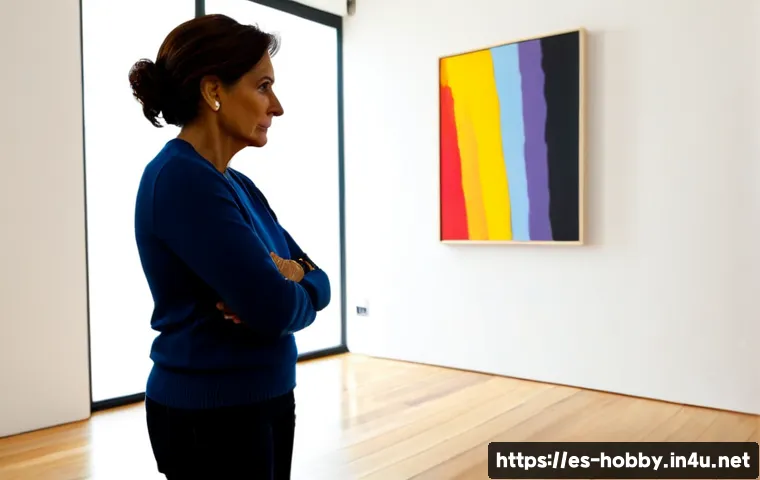 창작 작품 해석 - Photorealistic scene of a thoughtful Spanish woman in her 50s standing in a quiet contemporary art g...