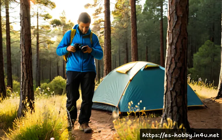 Home 17 캠핑 사진 팁 - Photorealistic campsite photography lesson scene in a Spanish pine forest at golden hour, adult hike...